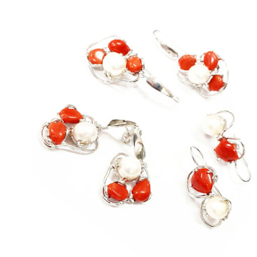 Red Coral and fresh pearls earrings