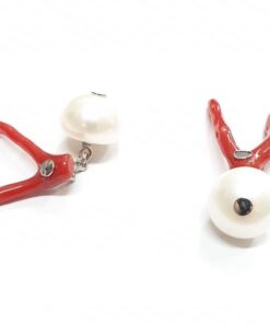 Twins made of nacre and red coral mounted on silver