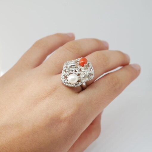 Ring silver net with corals