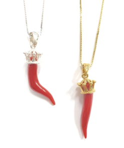 Red coral horn pendant with crown