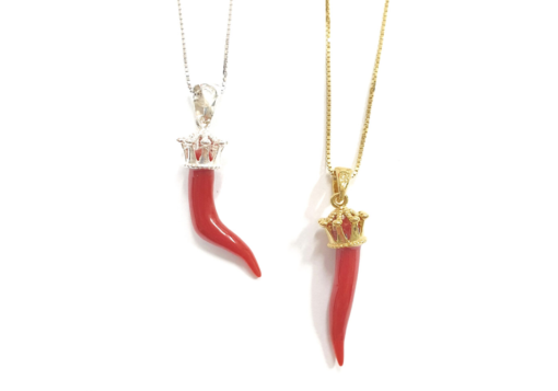 Red coral horn pendant with crown