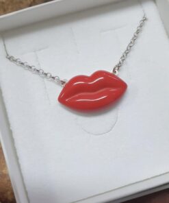 Lips Pendant, turquoise paste , red coral paste necklace , made in Italy, italian style, coral jewels