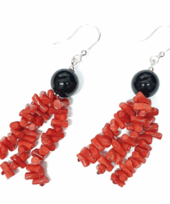 Dangling earrings with red coral and black agate stone, drop earrings ,