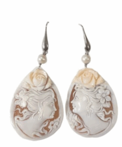 Drop earrings cameo , cameos, dangling earrings , italian cameo , woman face cameo , italian jewelry , handgraved cameo, pearl and cameo