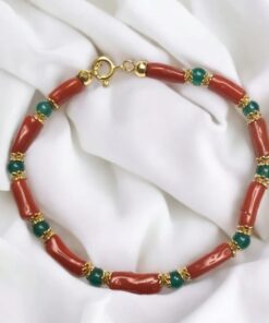 Red coral bracelet and green stone agata mounted on silver 925 with gold bath
