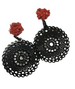 Black Circle Drop Earrings with Horn and Red Coral Accents