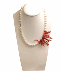 White pearls necklace with red coral ,  pearls and coral, fresh pearls necklace ,  fresh pearls , necklace with red coral fringes