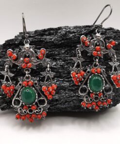 Dangling earrings, coral earrings , red coral earrings , brunich silver earrings , italian jewels