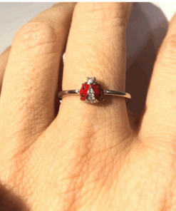 Adjustable enamelled silver ladybugd ring on finger, ladybug ring, lucky finger with zircons stones