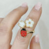 Ladybird ring with flower mounted on Silver 925 with gold bath