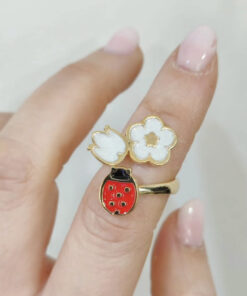 Ladybird ring with flower mounted on Silver 925 with gold bath