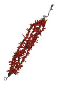 Red Coral and Green Agate Bracelet in 925 Sterling Silver