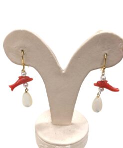 Danglings Earrings with pearls and Red coral dolphin
