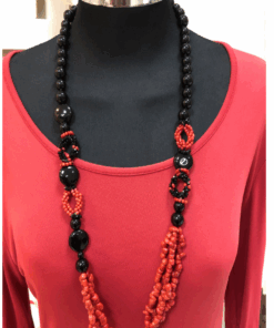 Red Coral and Black Agate Necklace, coral necklace, long necklace, coral and agate, black agate, Mediterranean jewellery, red coral