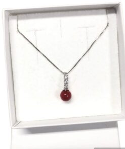 Sterling Silver Necklace with Red Coral Sphere e Zirconia