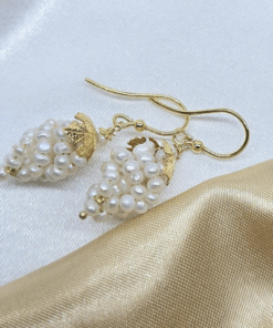 Elegant handmade grape earrings crafted in Italy from 18K gold plated sterling silver and adorned with luminous white pearls, each piece is unique, reflecting the beauty of true Italian craftsmanship