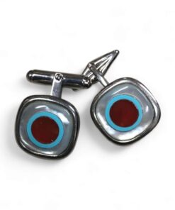 Italian cufflinks with mother of pearl, red coral and turquoise mounted on silver 925