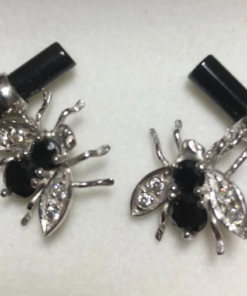 Fly-Shaped Cufflinks in Sterling Silver with White Zircons and Black Agate